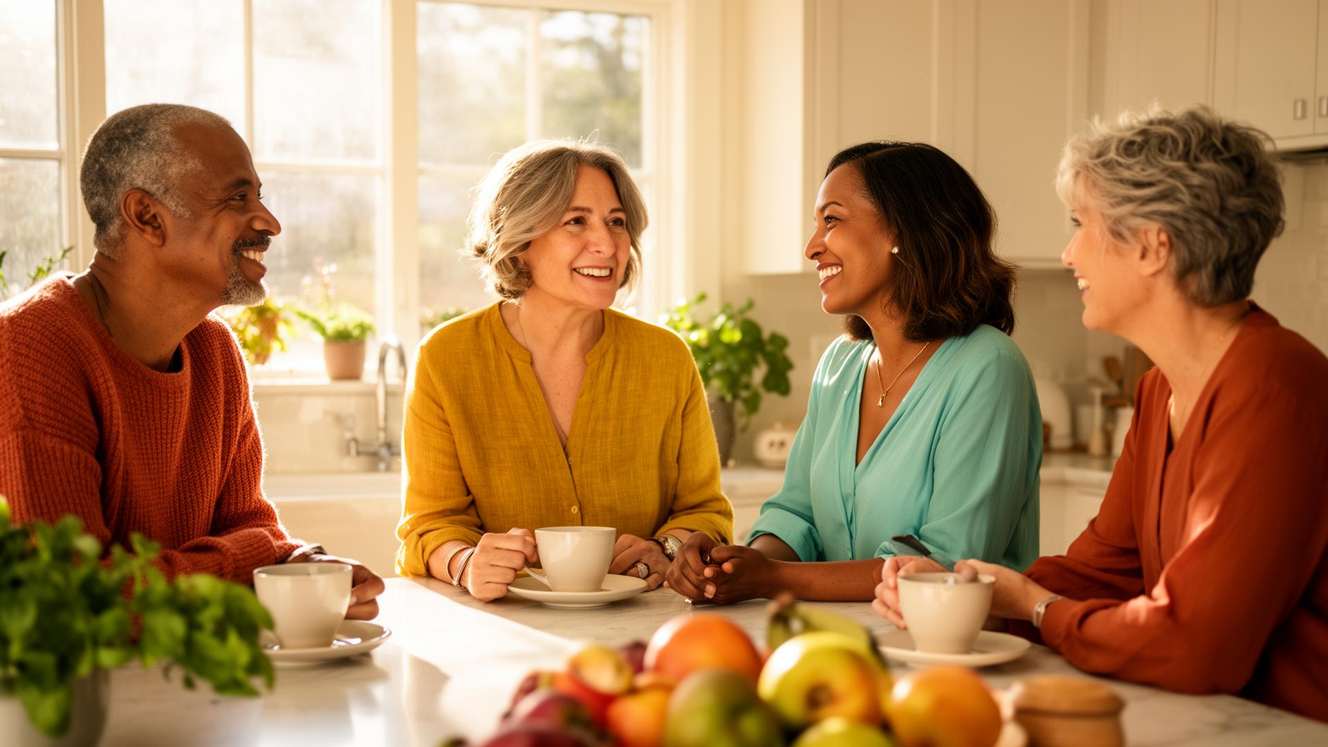 A diverse group of adults laughing together around a sunlit kitchen island